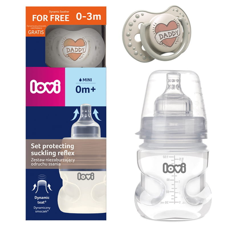 LOVI Zestaw Niezaburzający Odruchu Ssania Butelka Medical+ 150 ml + Smoczek Dynamiczny Daddy 0m+