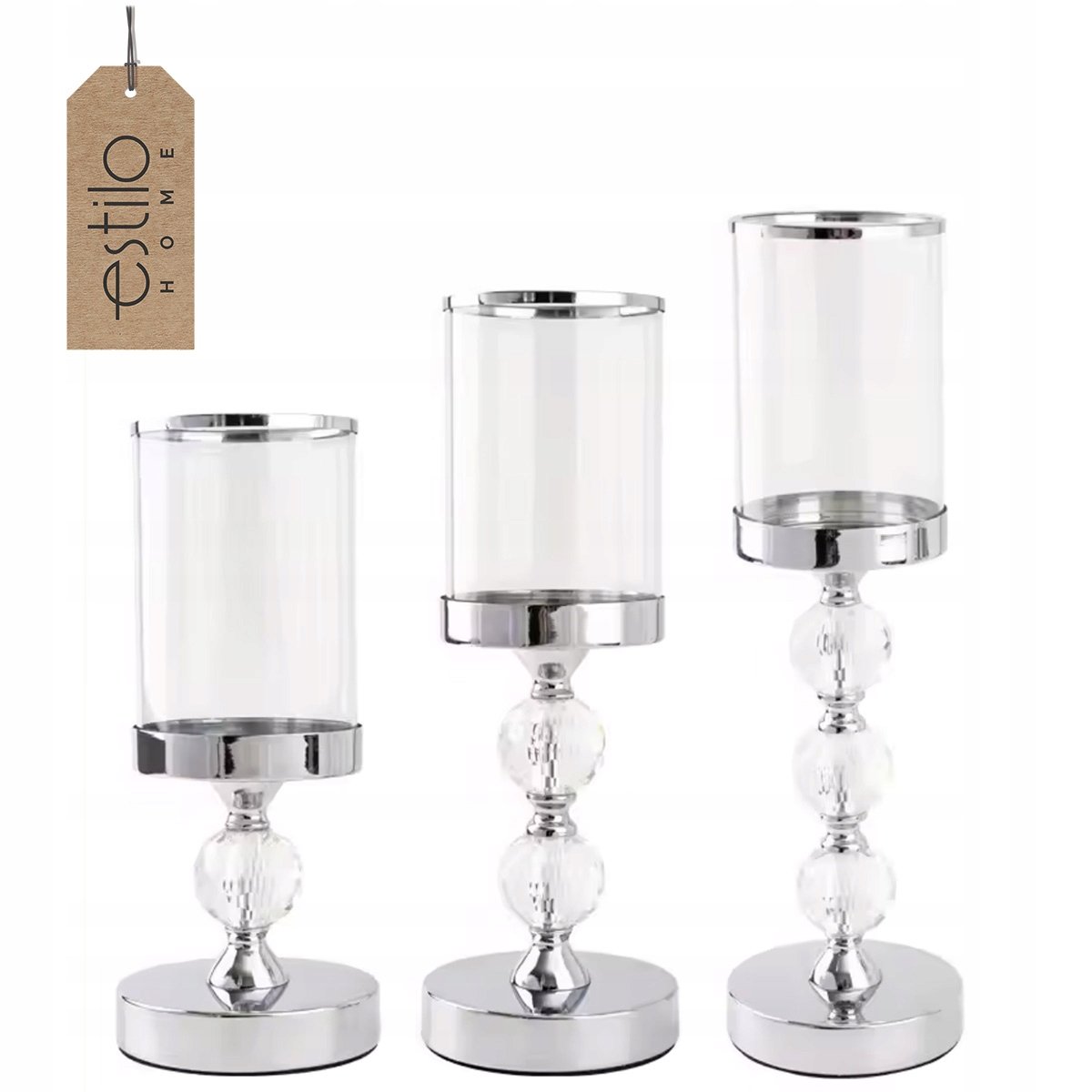 Świecznik Szklany Kielich Srebrny Glamour Lampion Kryształki - Zestaw 3 Szt