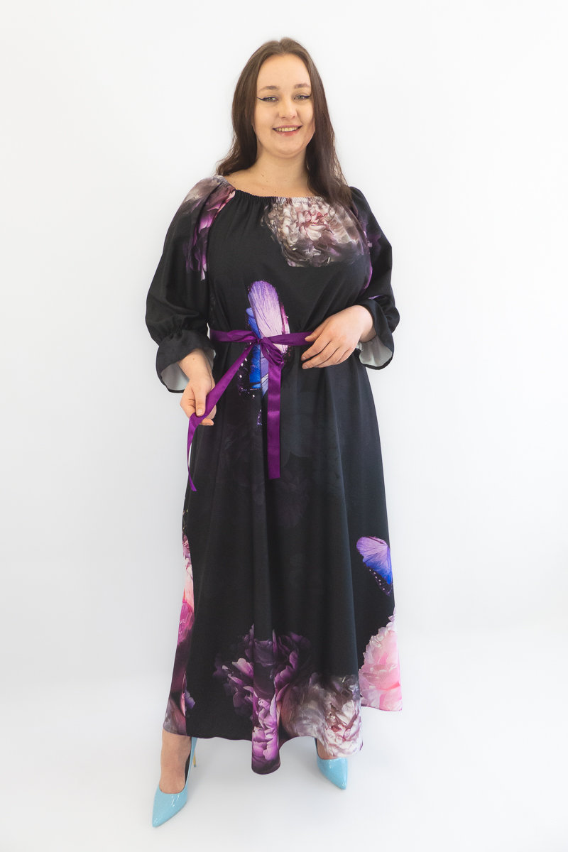 Czarno-fioletowa Sukienka Hiszpanka w Kwiaty Maxi UNI