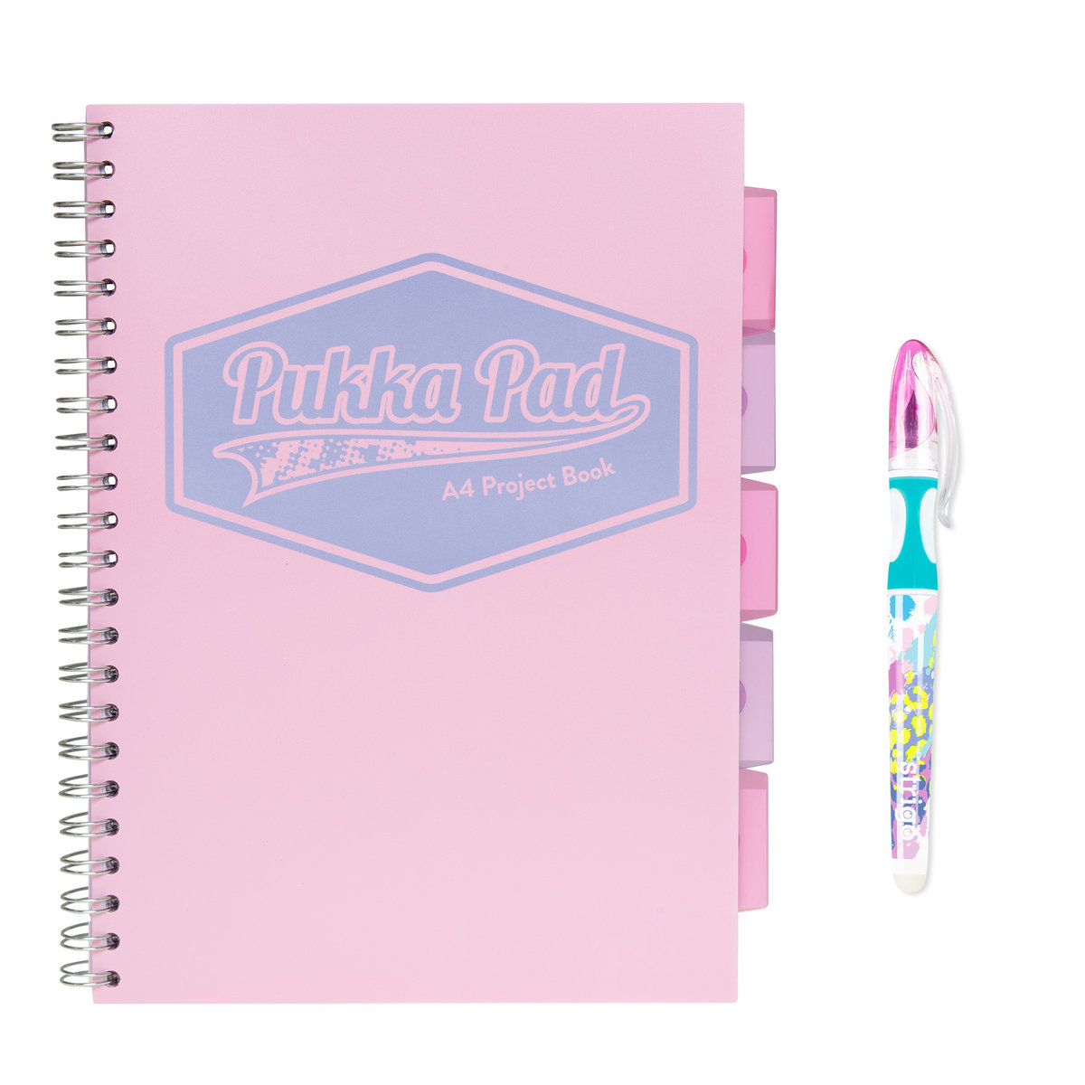 Zestaw kołozeszyt w kratką z przekładkami A4 100k, różowy Pukka Pad + długopis wymazywalny