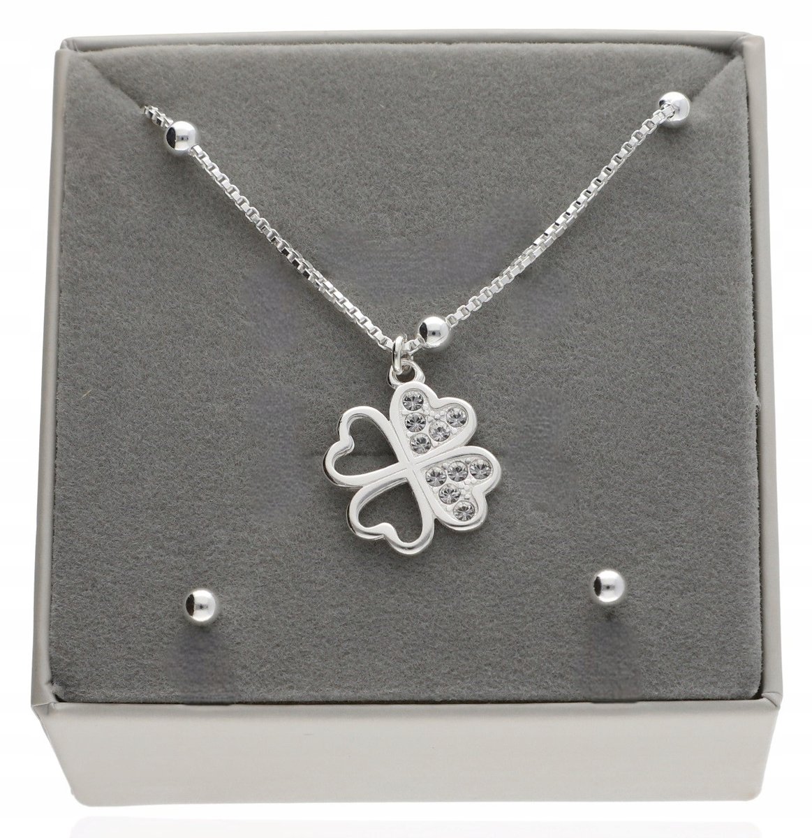 Srebrny komplet koniczynka cyrkonia gruby łańcuszek PUDEŁKO SREBRO 925