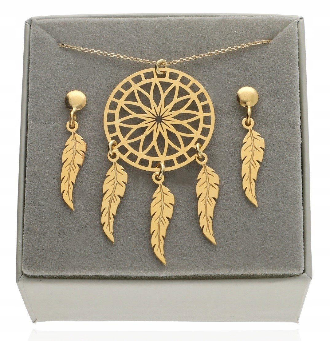 Złoty Komplet z ŁAPACZEM SNÓW srebro 925 kolczyki 40 cm PUDEŁKO Łapacz snów