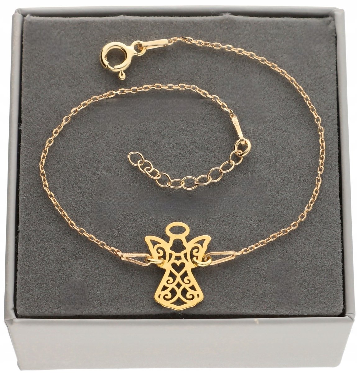 Złota bransoletka z aniołkiem aniołek ażurowy PUDEŁKO SREBRO 925 KOMUNIA