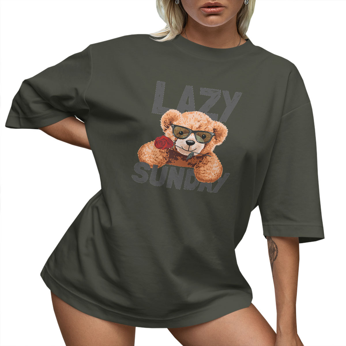 T-SHIRT OVERSIZE LUŹNA KOSZULKA MIŚ RÓŻA NAPIS XXL SUKIENKA JAKOŚĆ