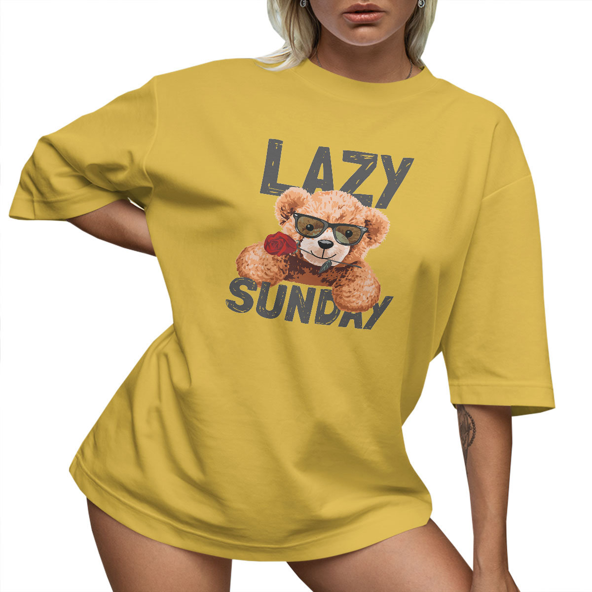 T-SHIRT OVERSIZE LUŹNA KOSZULKA MIŚ RÓŻA NAPIS L SUKIENKA JAKOŚĆ