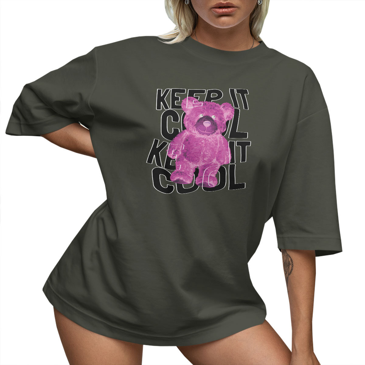 T-SHIRT OVERSIZE LUŹNA KOSZULKA MIŚ KEEP COOL NAPIS S SUKIENKA JAKOŚĆ