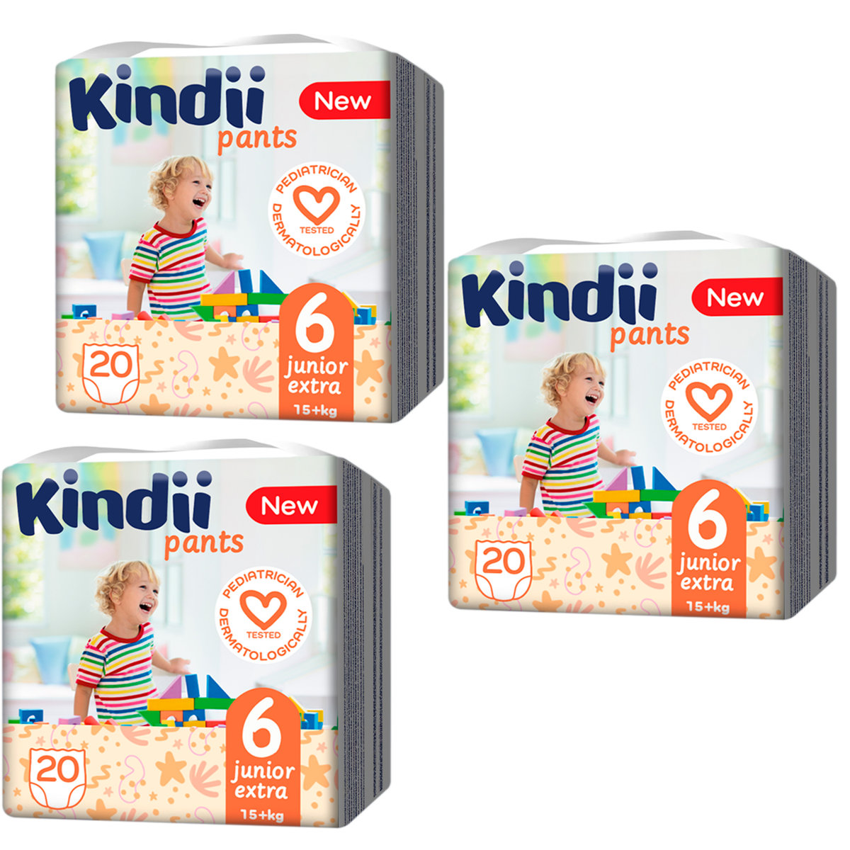 Kindii Pieluchomajtki chłonne junior extra rozmiar 6 (15+ kg) 20 sztuk x 3
