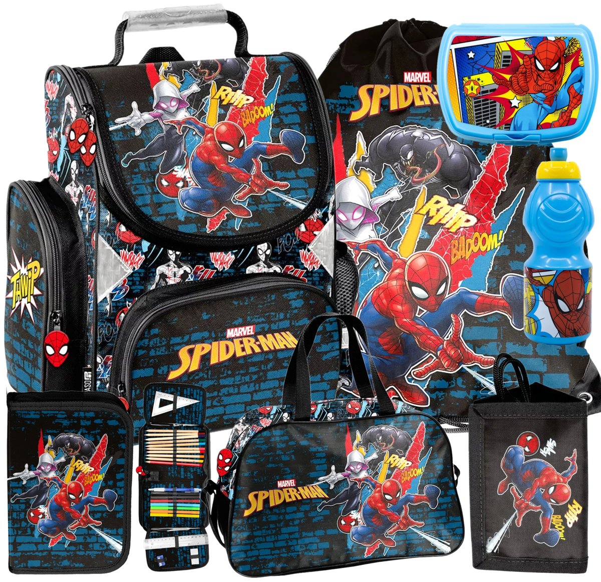 7ELEM ZESTAW  Szkolny tornister Spiderman Spider-Man piórnik worek bidon śniadaniówka portfel torba sportowa