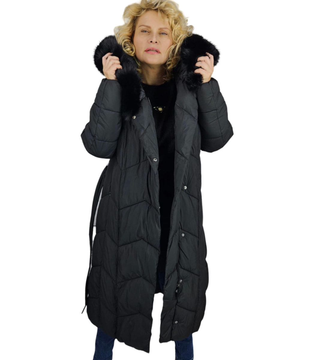 Długi pikowany płaszcz zimowy ciepły z kapturem KELLY-8XL