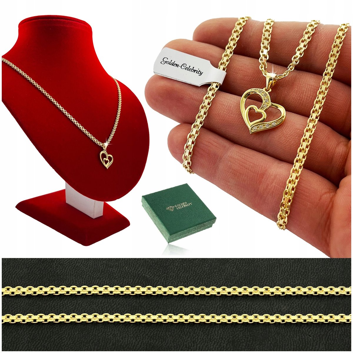 ZŁOTY GRUBY ŁAŃCUSZEK BISMARK + SERCE Z CYRKONIAMI 925 PREZENT + DEDYKACJA