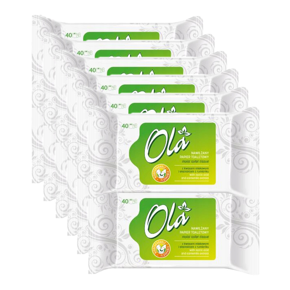 12 x OLA nawilżany papier toaletowy z kwasem mlekowym i rumianku 40 sztuk