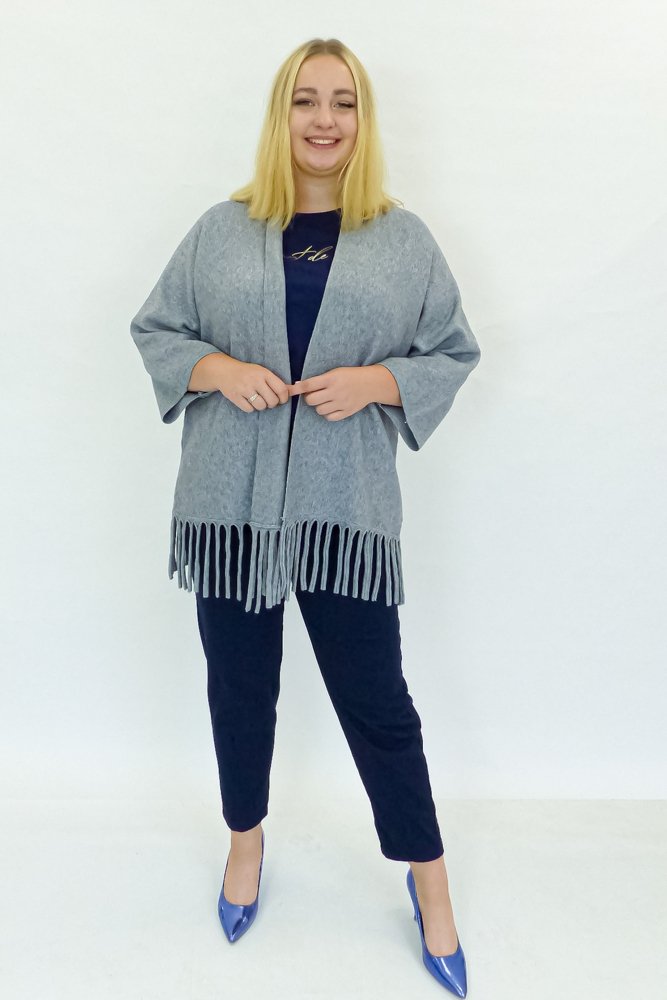 Popielaty Długi Kardigan Narzutka z Frędzlami L/XL