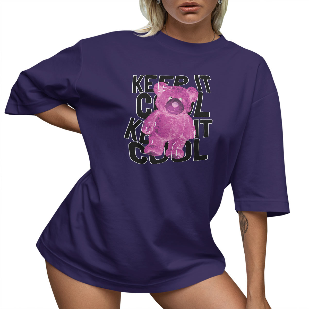 T-SHIRT OVERSIZE LUŹNA KOSZULKA MIŚ KEEP COOL NAPIS L SUKIENKA JAKOŚĆ