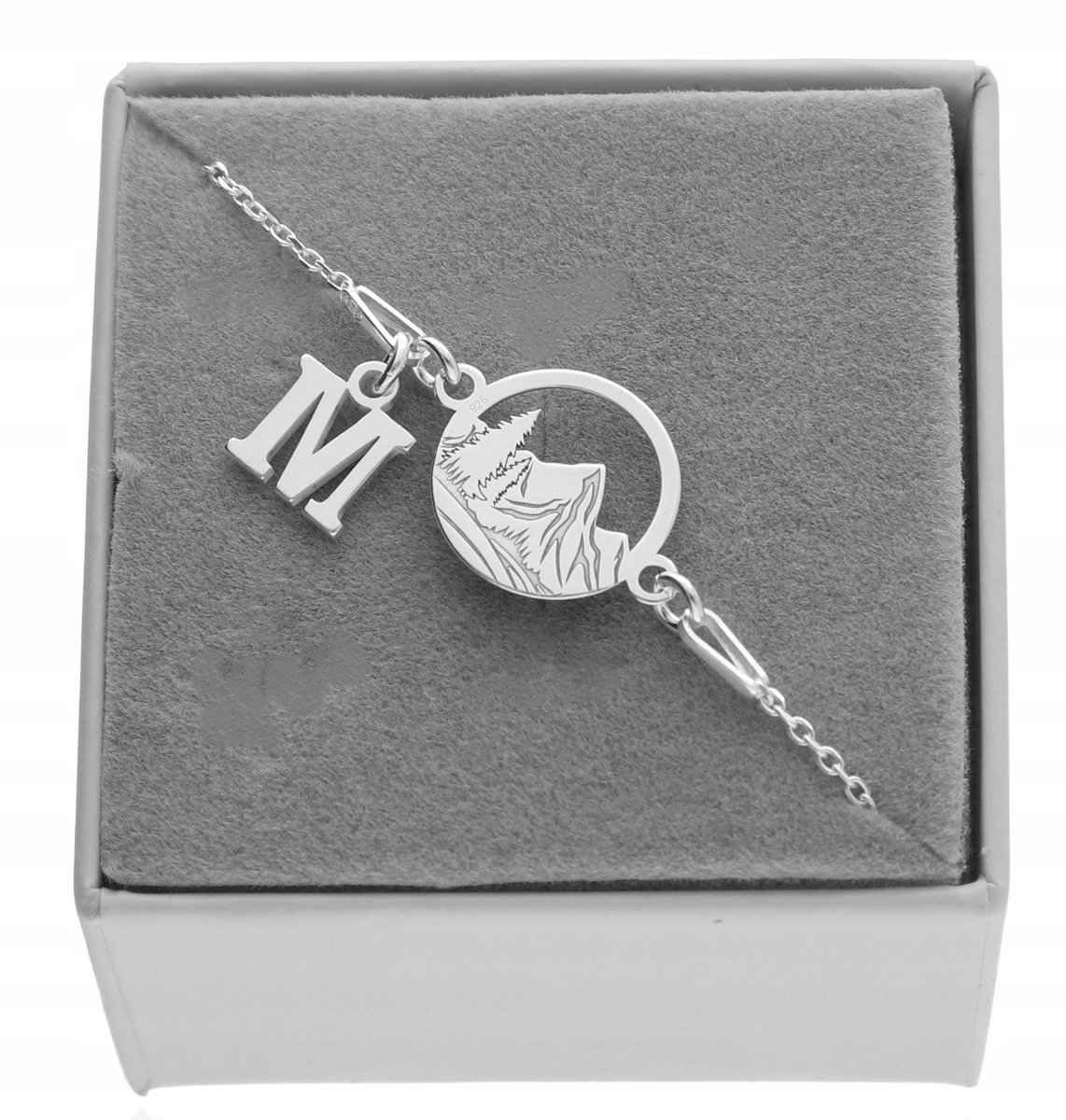 Srebrna bransoletka góry z górami litera LITERKA PUDEŁKO SREBRO 925 GRAWER