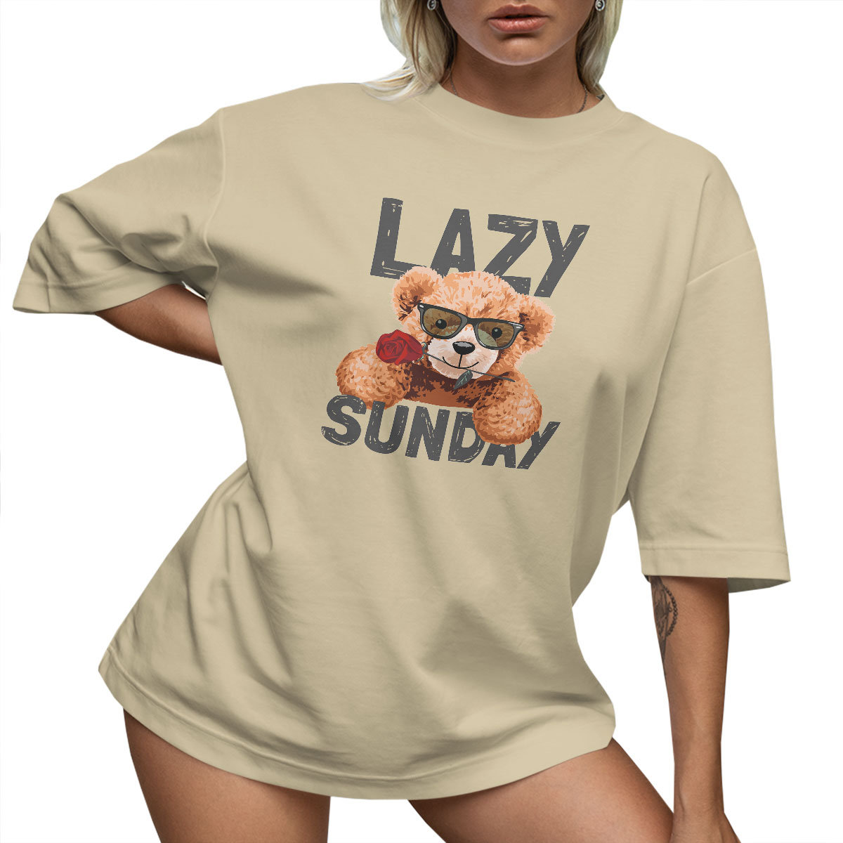 T-SHIRT OVERSIZE LUŹNA KOSZULKA MIŚ RÓŻA NAPIS L SUKIENKA JAKOŚĆ
