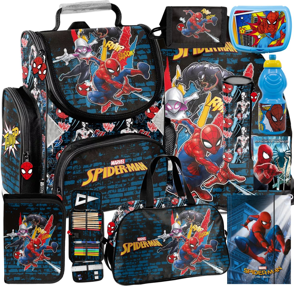 10ELEM ZESTAW  szkolny tornister Spiderman Spider-Man piórnik worek bidon śniadaniówka torba sportowa portfel tuba notes teczka