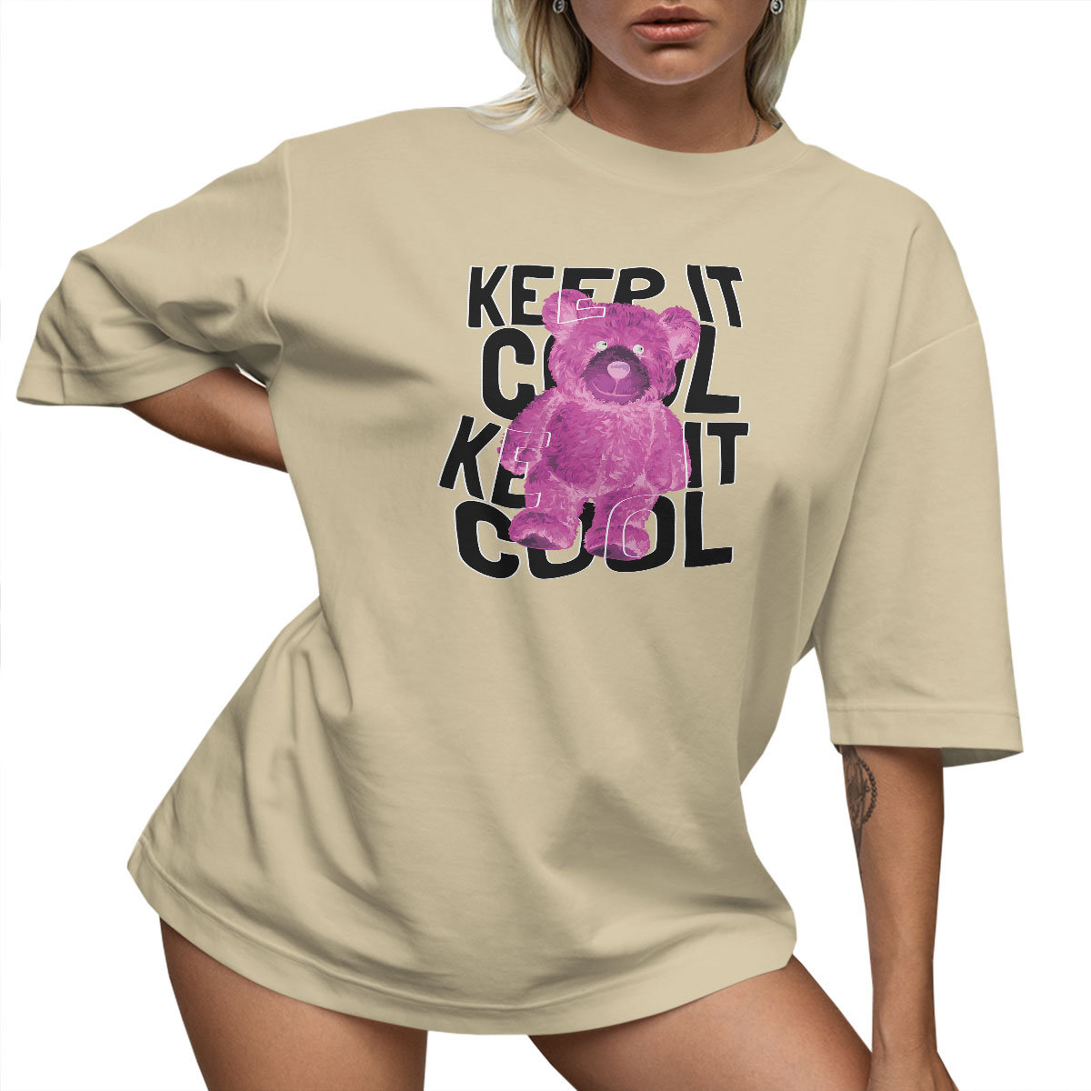T-SHIRT OVERSIZE LUŹNA KOSZULKA MIŚ KEEP COOL NAPIS L SUKIENKA JAKOŚĆ