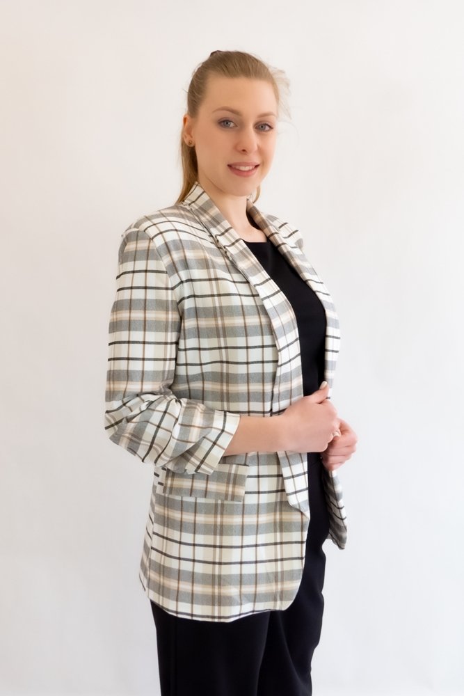 Beżowa Marynarka w Kratkę z Rękawem 3/4 XL