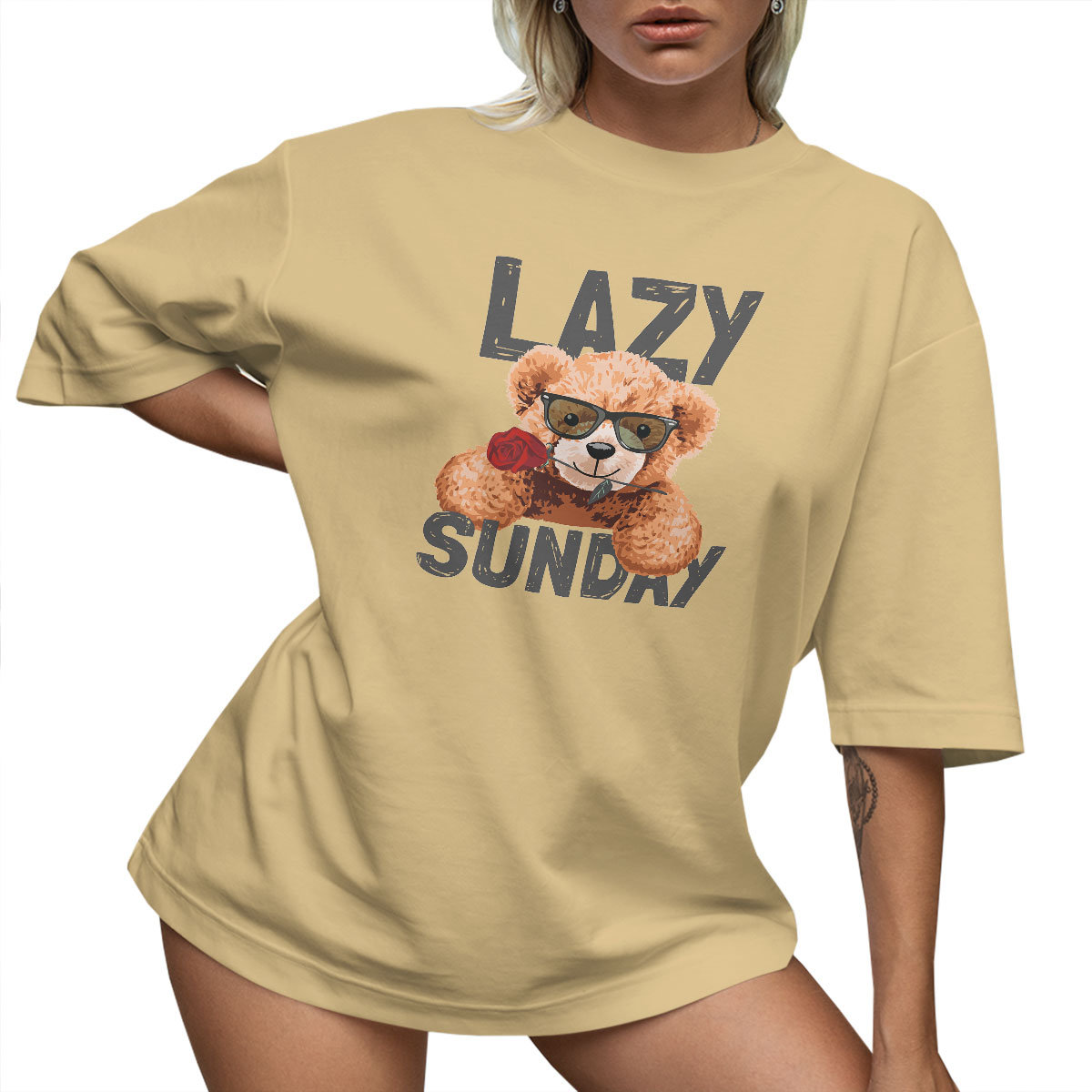 T-SHIRT OVERSIZE LUŹNA KOSZULKA MIŚ RÓŻA NAPIS XXL SUKIENKA JAKOŚĆ