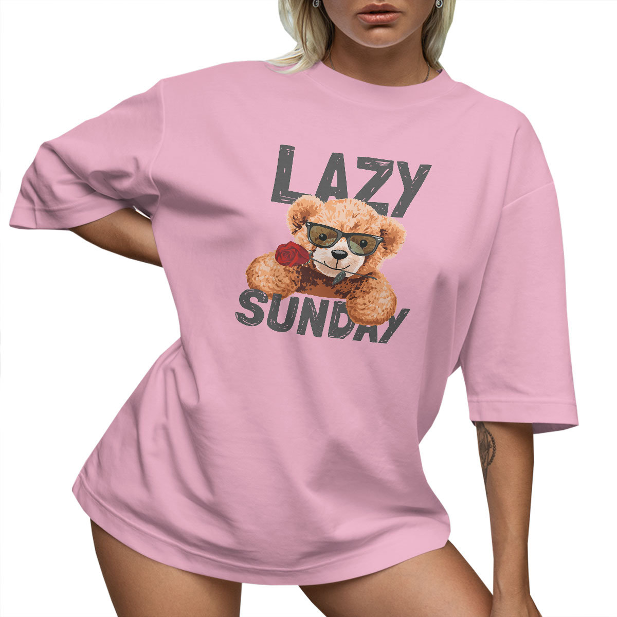 T-SHIRT OVERSIZE LUŹNA KOSZULKA MIŚ RÓŻA NAPIS S SUKIENKA JAKOŚĆ