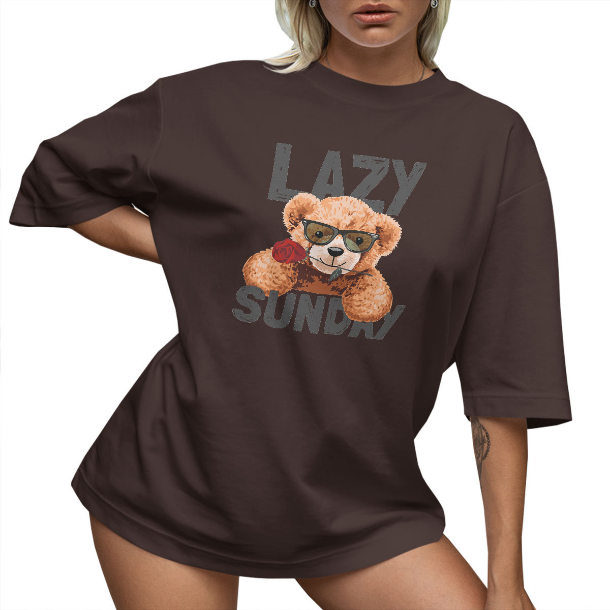 T-SHIRT OVERSIZE LUŹNA KOSZULKA MIŚ RÓŻA NAPIS XL SUKIENKA JAKOŚĆ