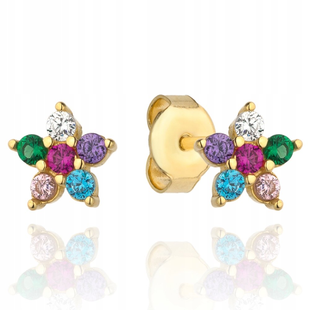 ZŁOTE KOLCZYKI KOLOROWY KWIATUSZEK CYRKONIE pr.585