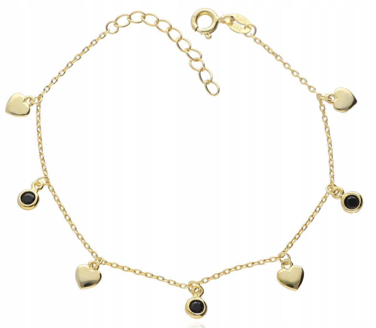 Złota bransoletka czarne cyrkonie serduszka elementy srebro 925