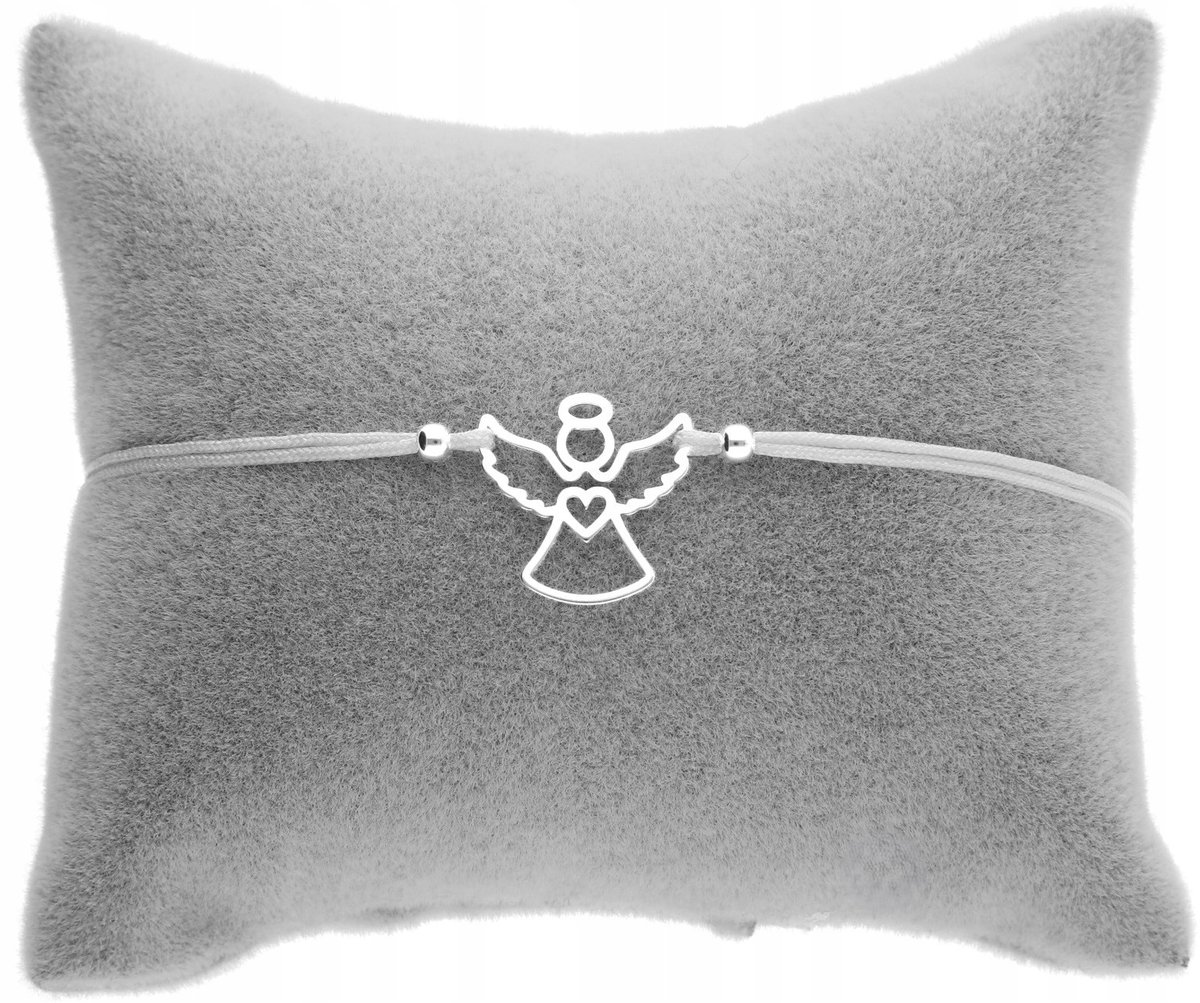 Srebrna bransoletka biały sznurek ANIOŁEK anioł KOMUNIA CHRZEST SREBRO925