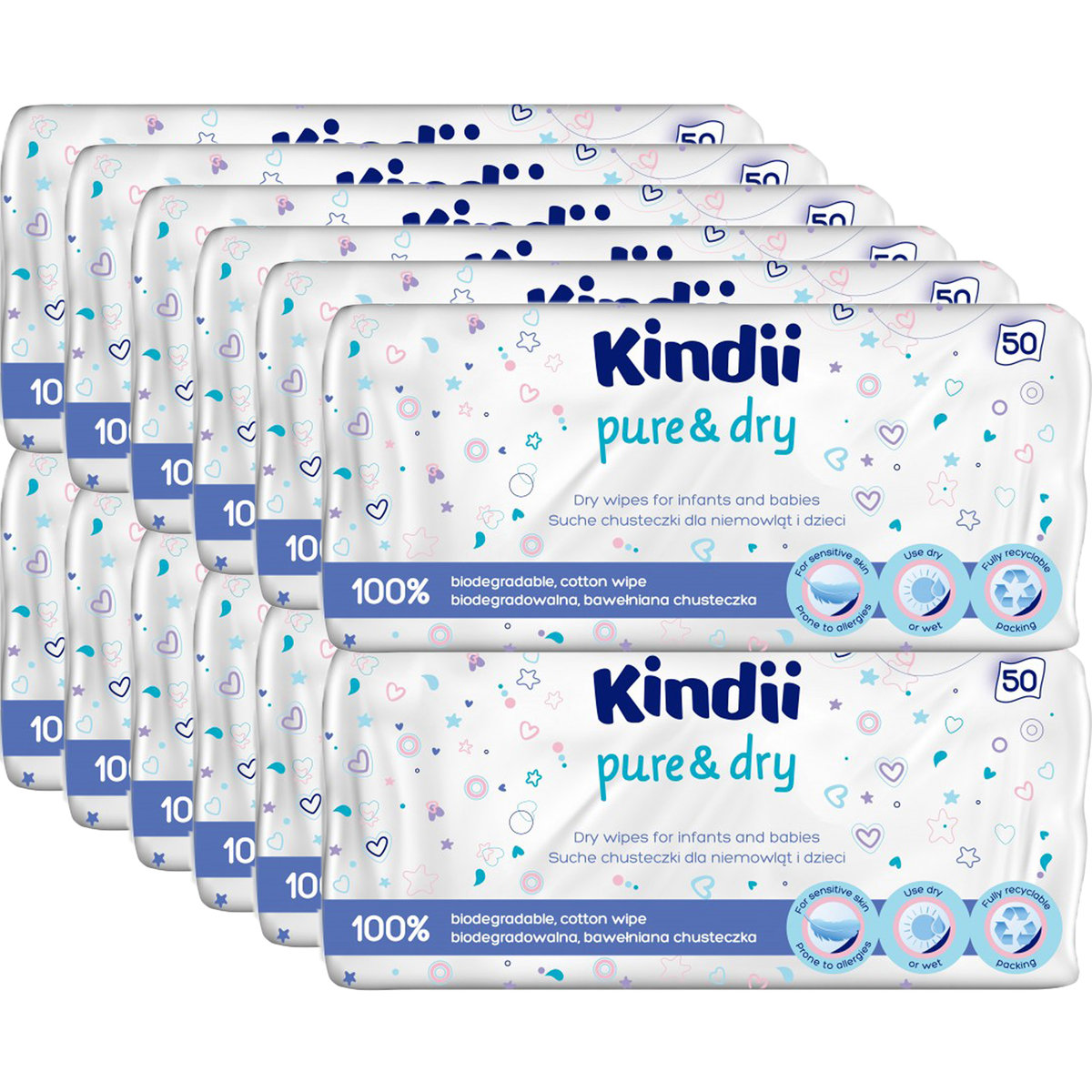 12 X Kindii Chusteczki Suche Biodegradowalne 50 Szt