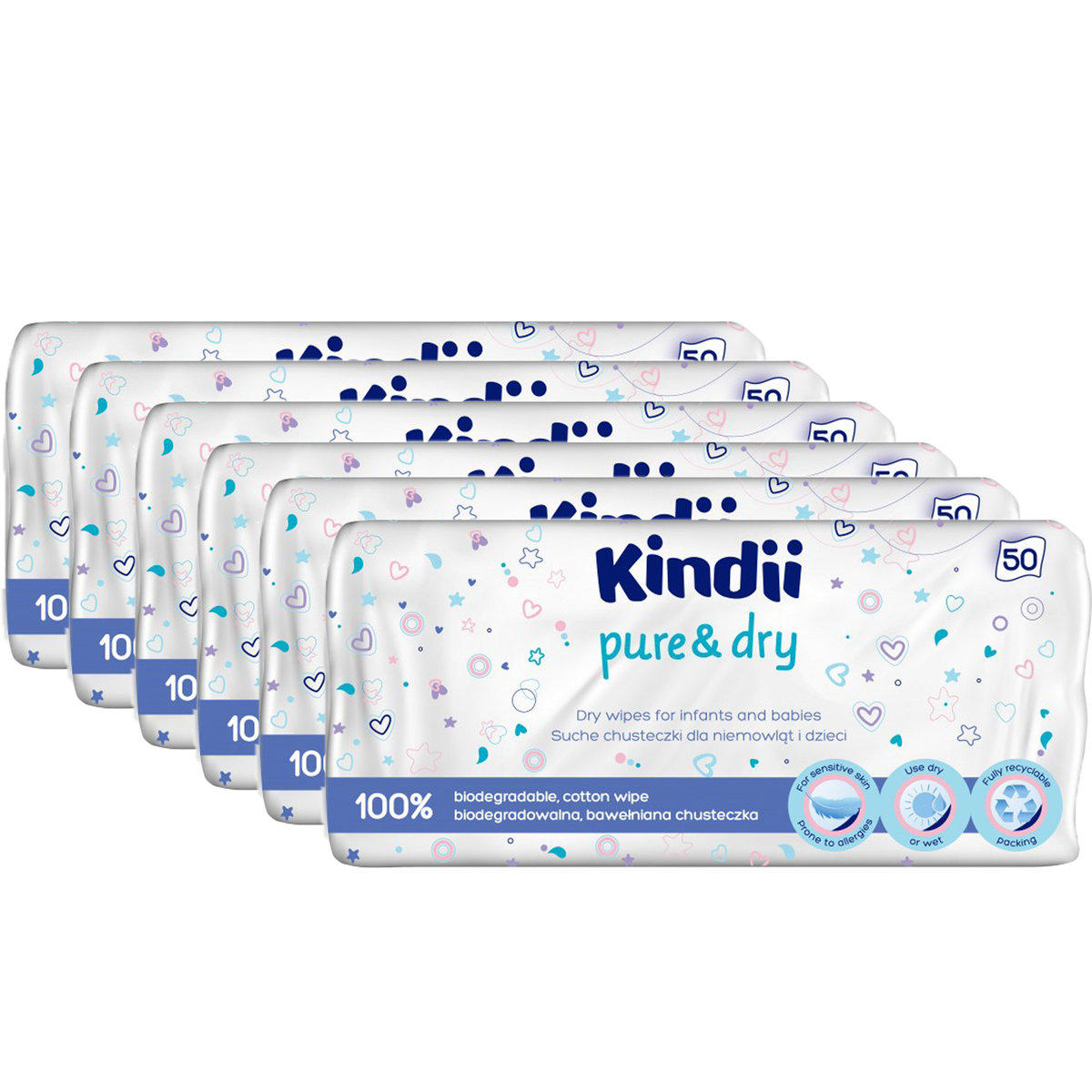 6 X Kindii Chusteczki Suche Biodegradowalne 50 Szt
