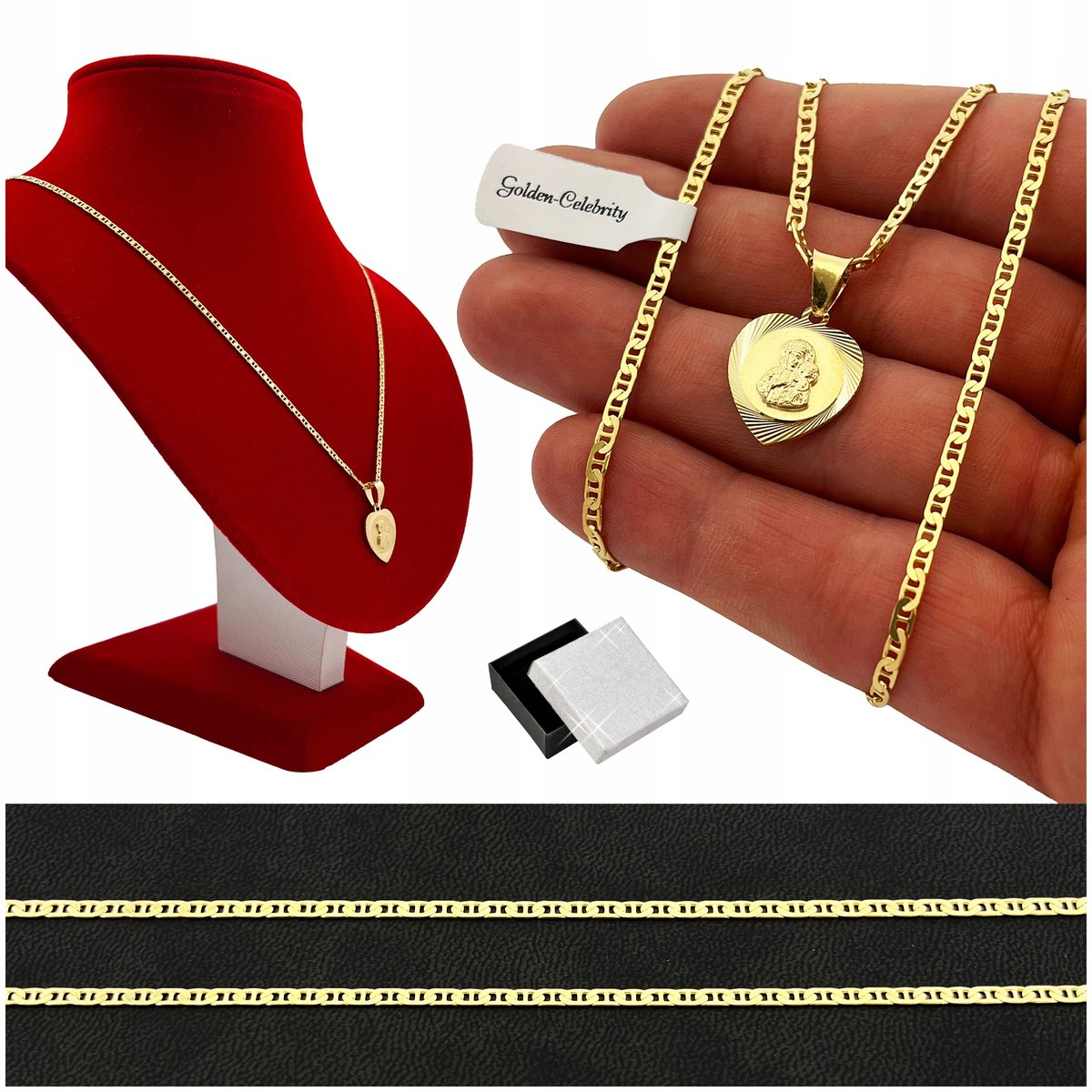 Piękny Delikatny Łańcuszek Gucci + Medalik Maryja 925/585 Srebro + Grawer