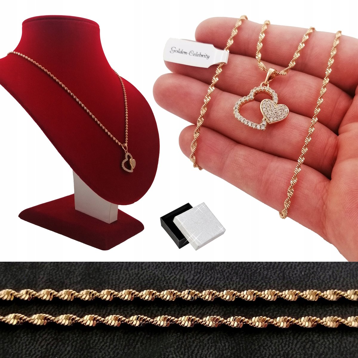 Złoty Singapur Skręcany+Podwójne Serce 35Cm Preznt