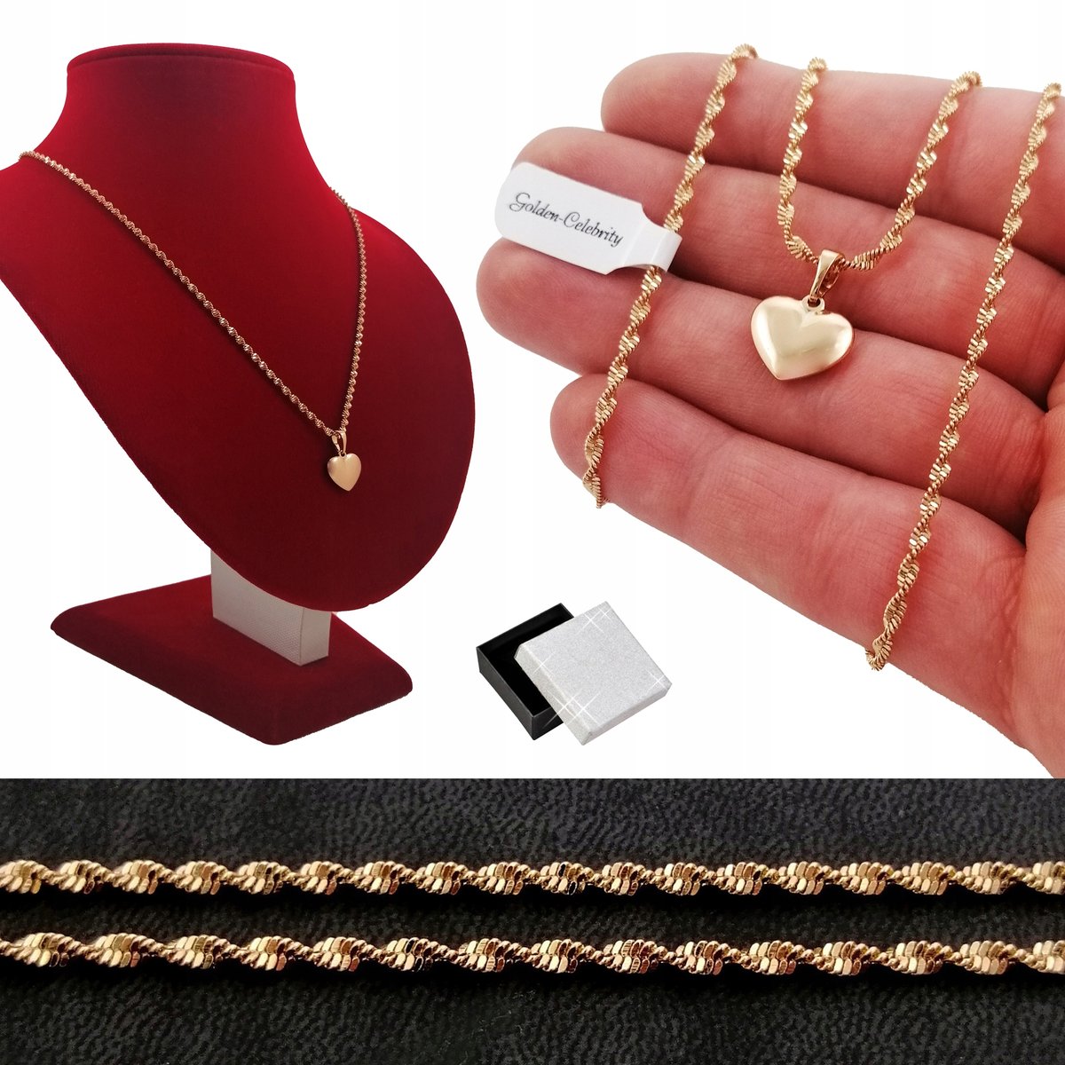 Złoty Damski Naszyjnik Singapur Skręcany Zawieszka Serce Celebrytka 18K