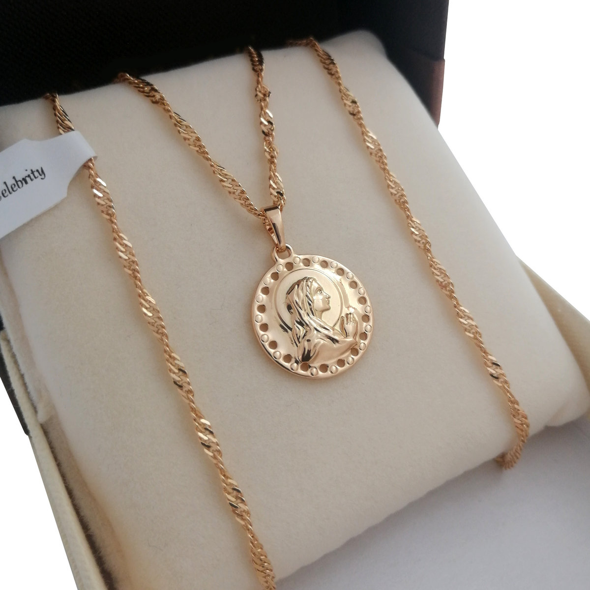 Złoty Łańcuszek Singapur + Medalik Maryja 18K 50Cm