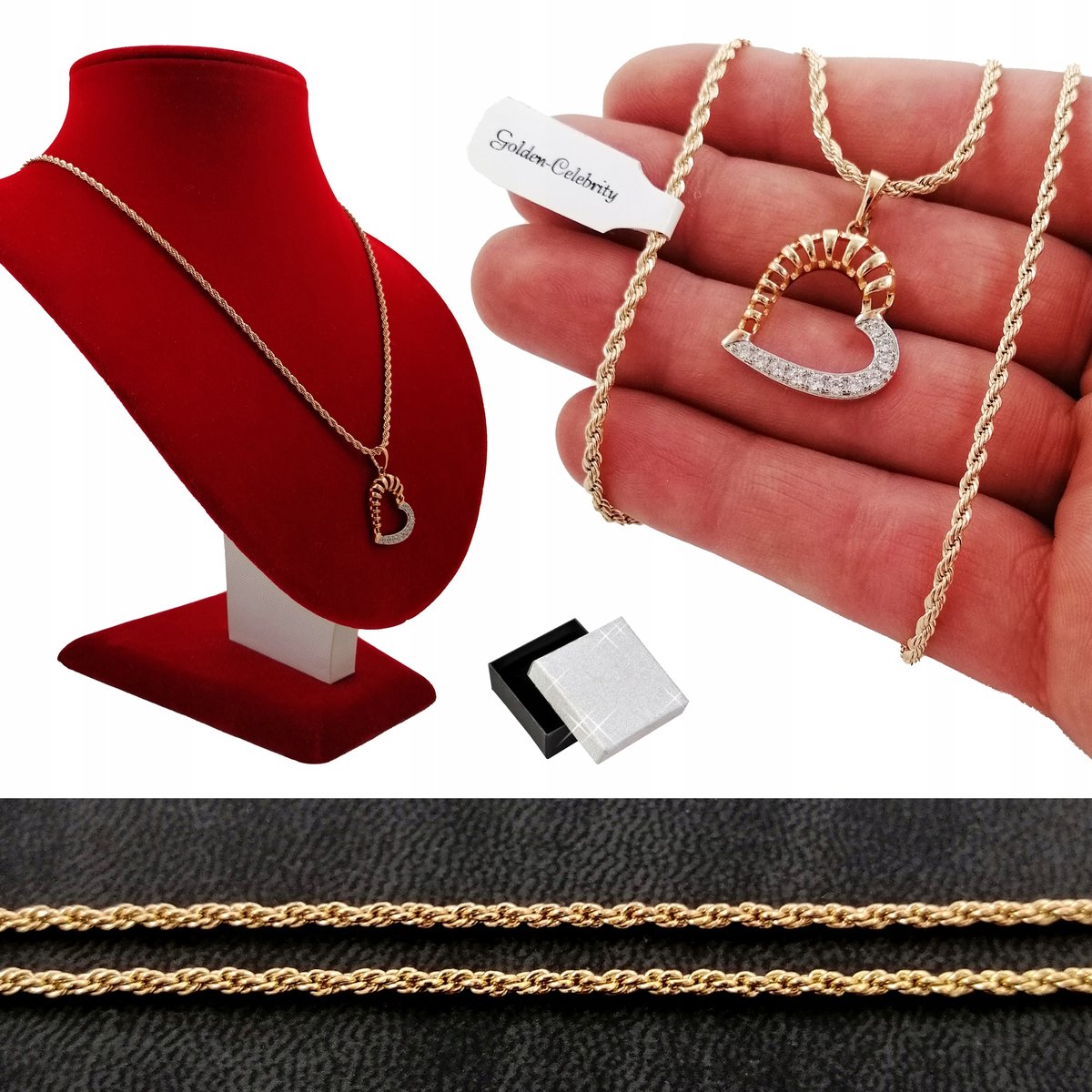 Złoty Naszyjnik Kordel+Zdobione Serce 45Cm Prezent