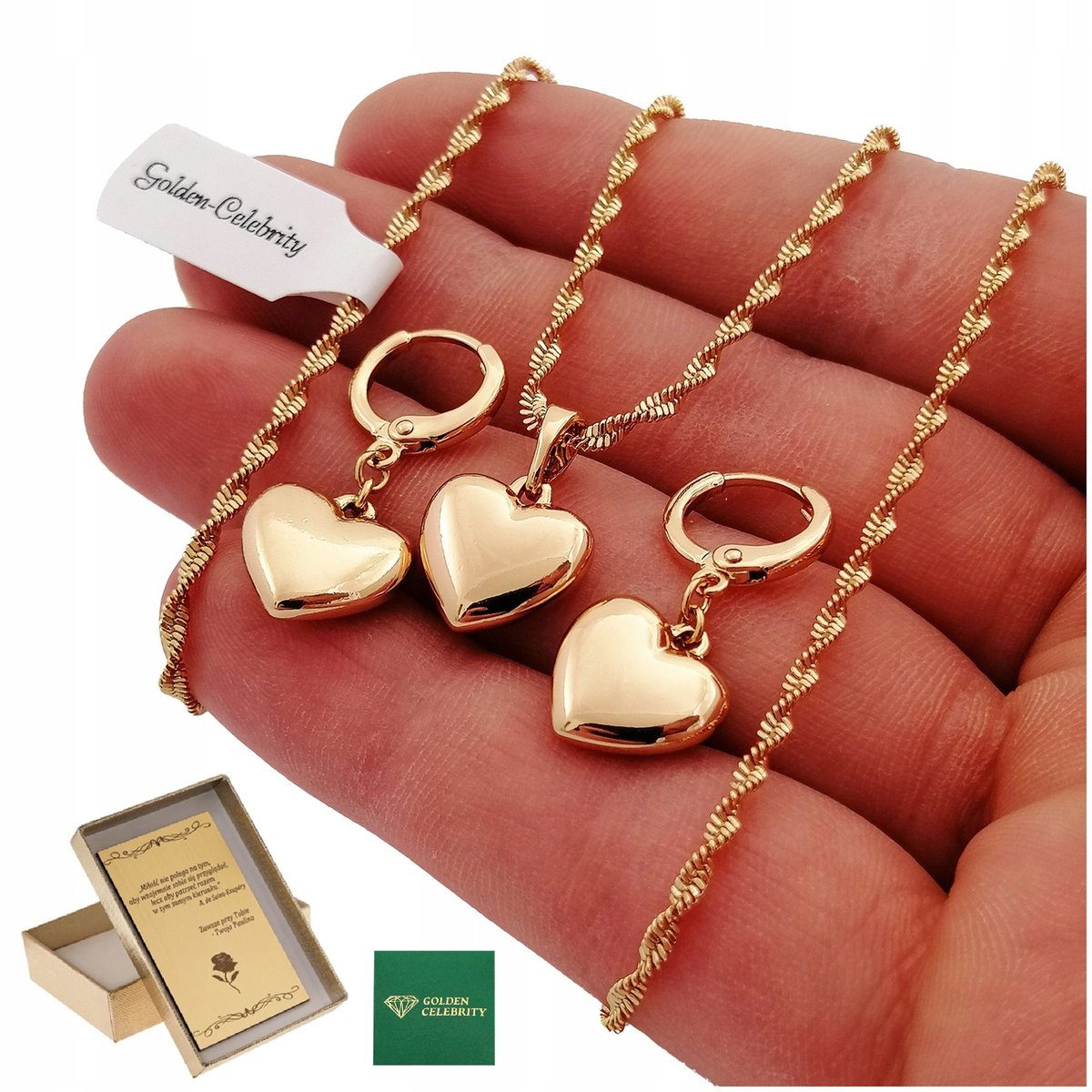 ZŁOTY KOMPLET BIŻUTERII SERCA 50 CM + PREZENT DLA DZIEWCZYNY NA 18 URODZINY