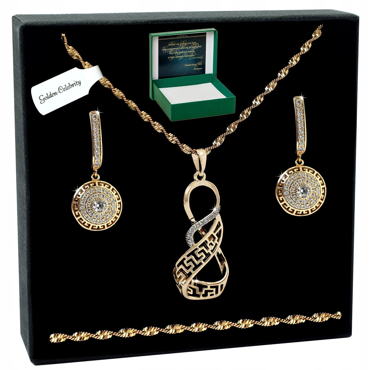 ZŁOTY ŁAŃCUSZEK + ZAWIESZKA + KOLCZYKI WISZĄCE Z CYRKONIAMI 50 CM PREZENT