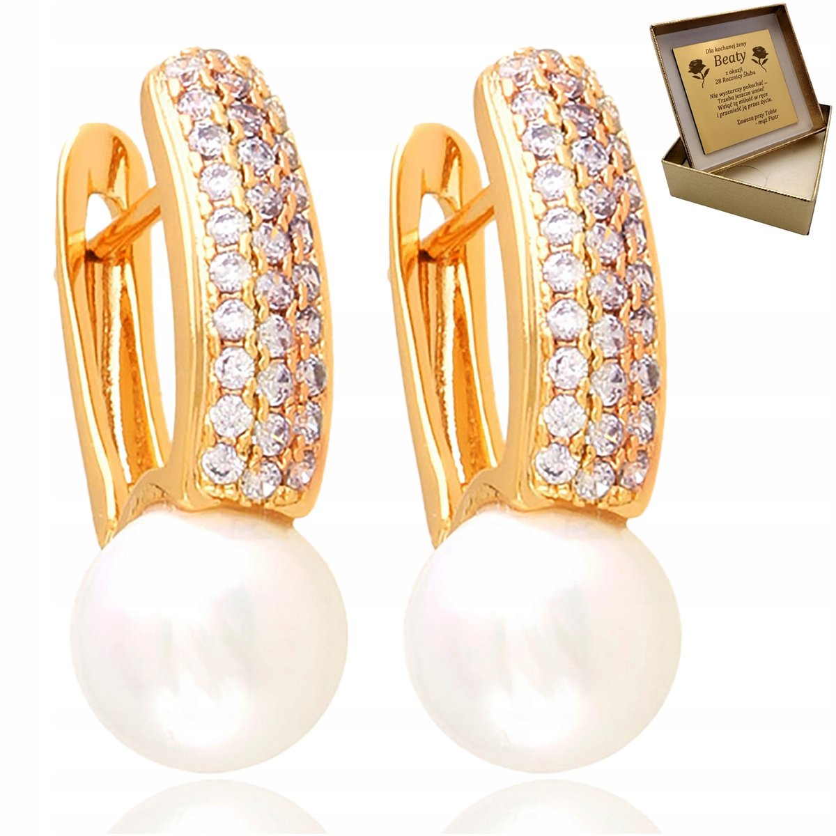 Złote Kolczyki Damskie Cyrkonie + Perły 18K Grawer Na Prezent Dla Żony,Mamy