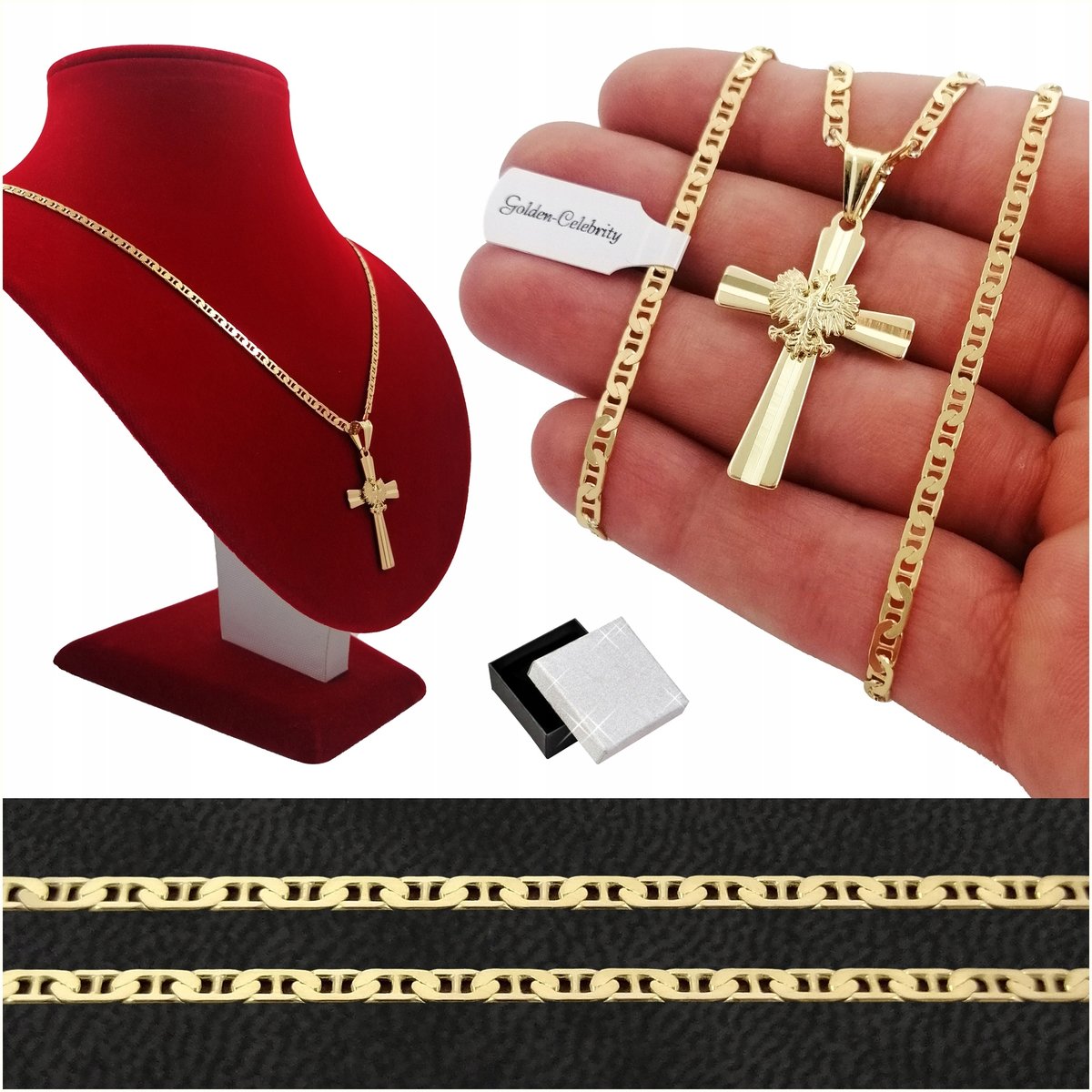 Złoty Naszyjnik Męski Krzyż Z Orłem Godło 925/585 Srebro Prezent Dla Niego