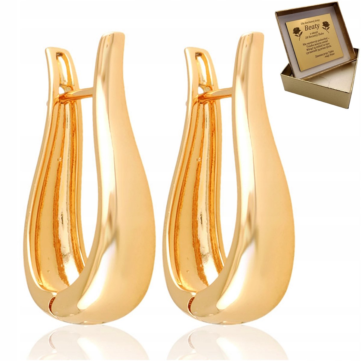 Złote Klasyczne Damskie Kolczyki Gładkie Stal Chirurgiczna Dla Niej+Grawer