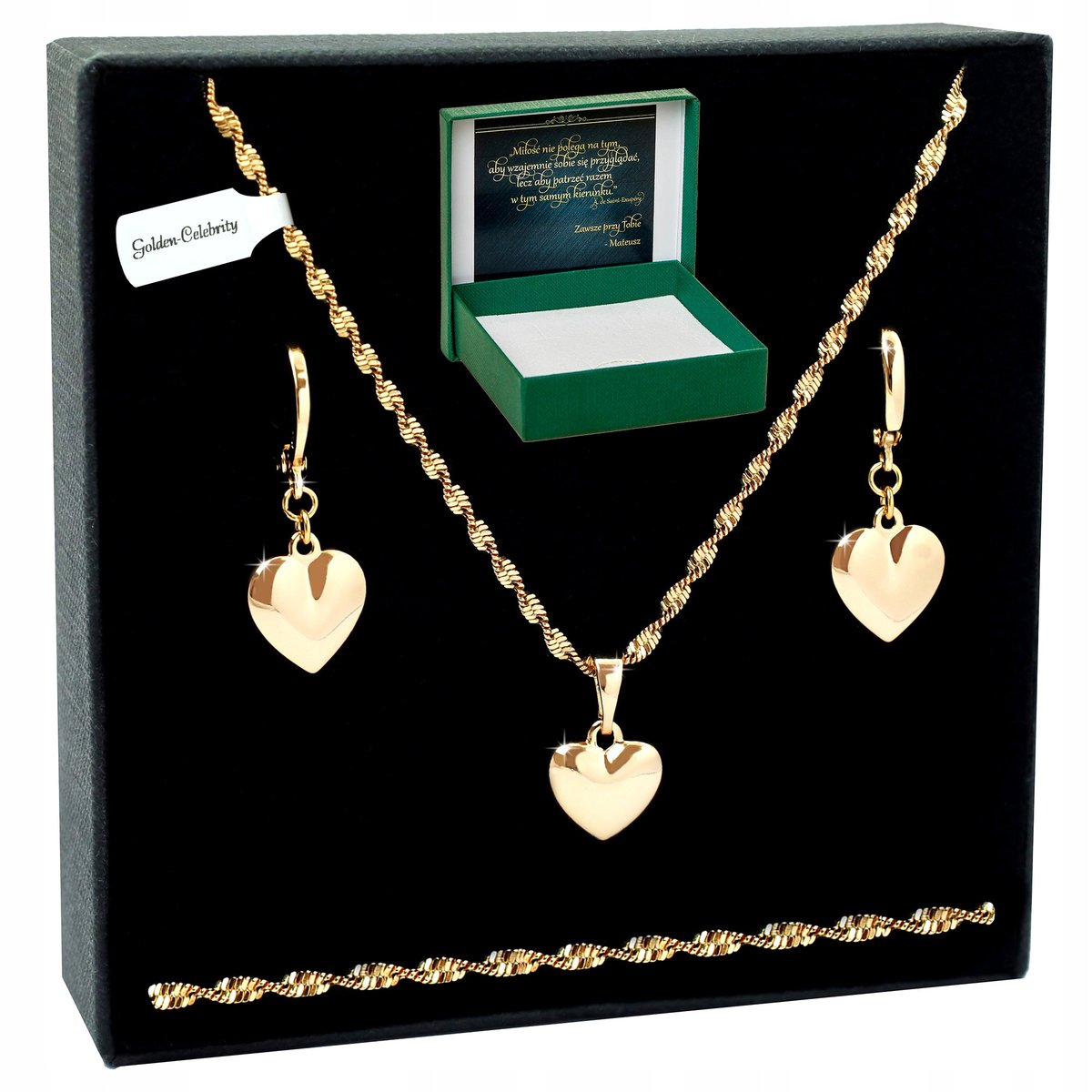 KOMPLET BIŻUTERII DAMSKIEJ KOLCZYKI NASZYJNIK SERCA PREZENT DLA NIEJ 60CM