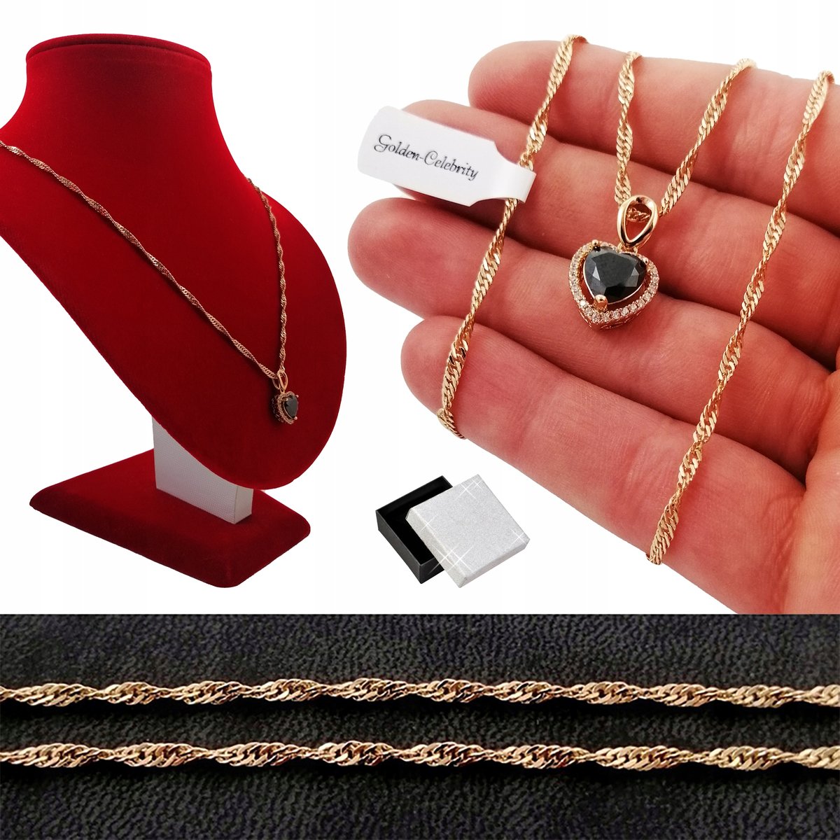 Złoty Naszyjnik Serce Z Czarnym Kamieniem Prezent