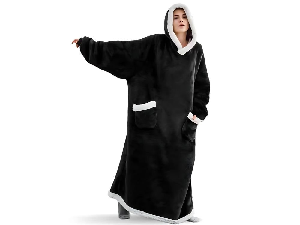 Ciepła bluza koc oversize gruba miękka z kapturem szlafrok długa xxl czarna