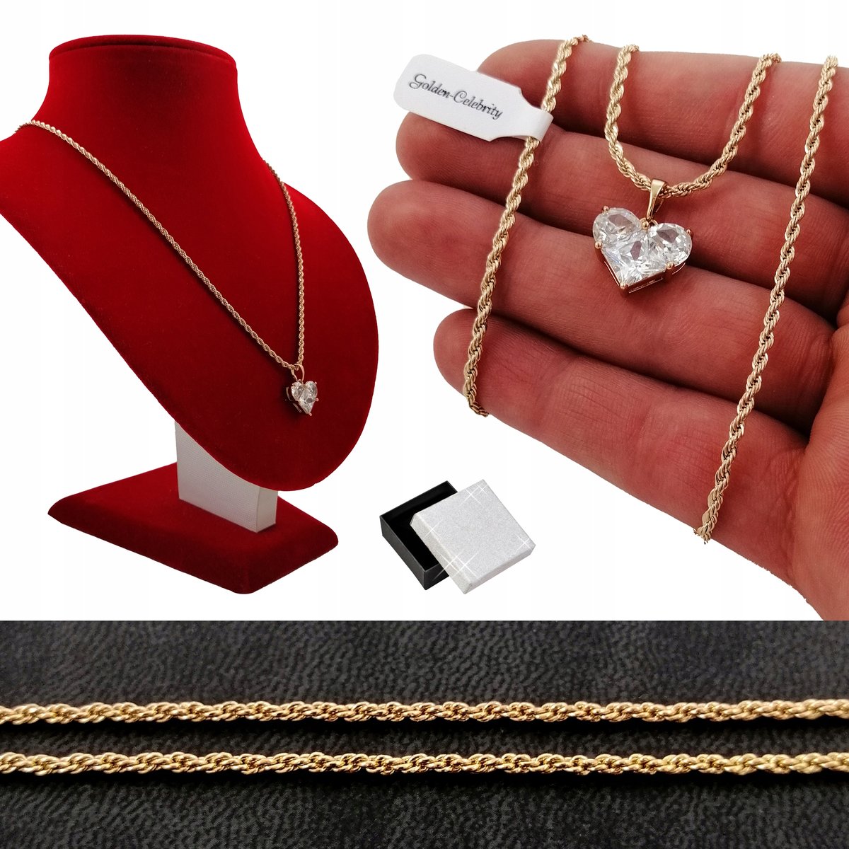 Złoty Naszyjnik Kordel+Serce Cyrkonia 60Cm Prezent