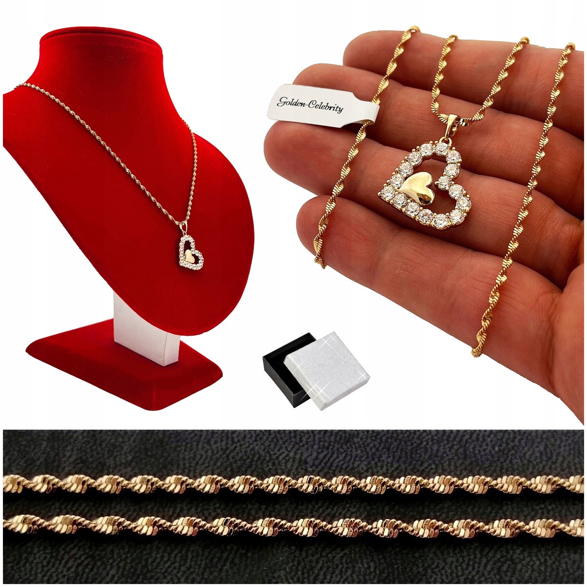 Złoty Naszyjnik Ze Stali Chirurgicznej 60 Cm Długi + Serce Z Cyrkoniami 18K