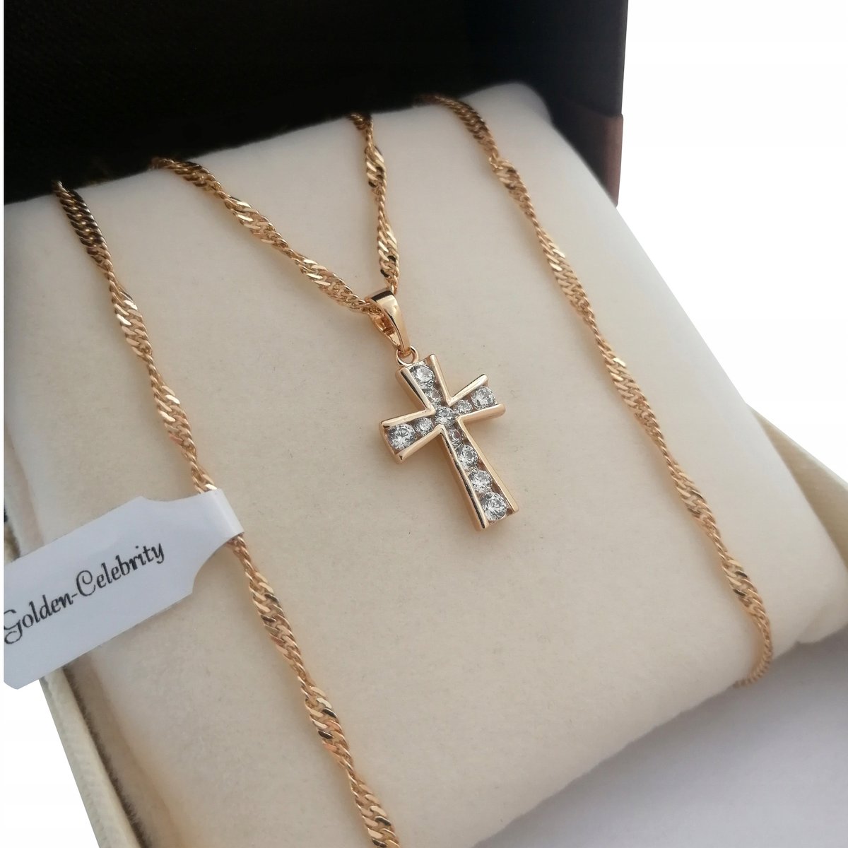 Złoty Łańcuszek Singapur+Krzyżyk Z Cyrkoniami 18K