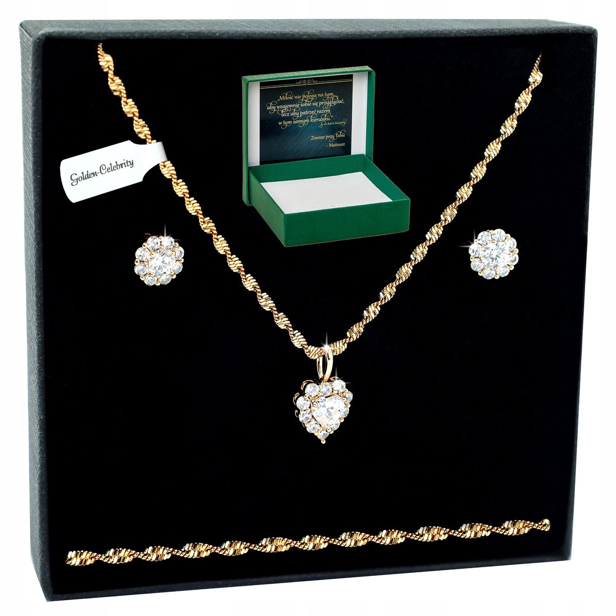 ZŁOTY KOMPLET BIŻUTERII ZE STALI CHIRURGICZNEJ 18K SERCE + KOLCZYKI 50 CM