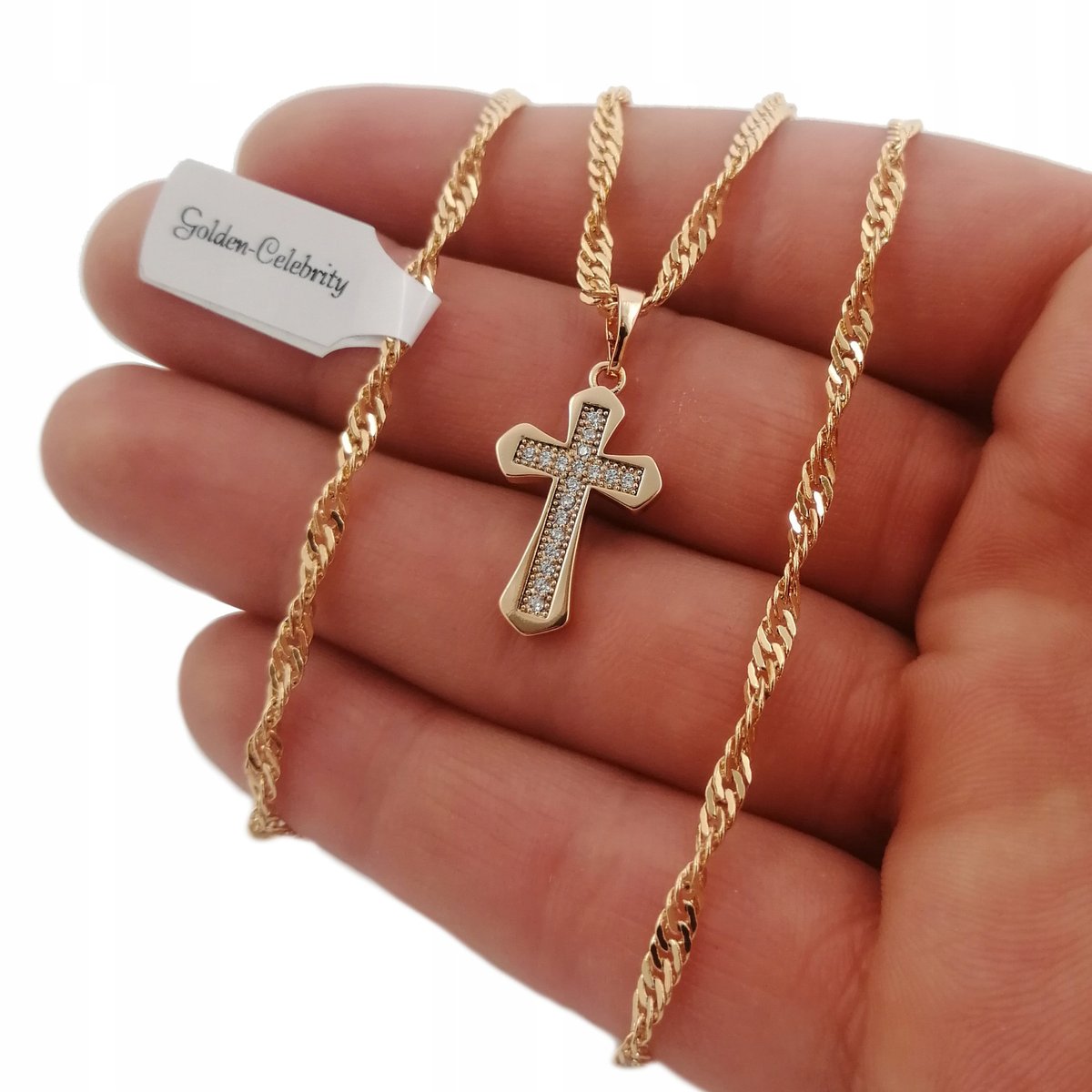 Złoty Naszyjnik Damski 45Cm Krzyżyk Kryształki 18K