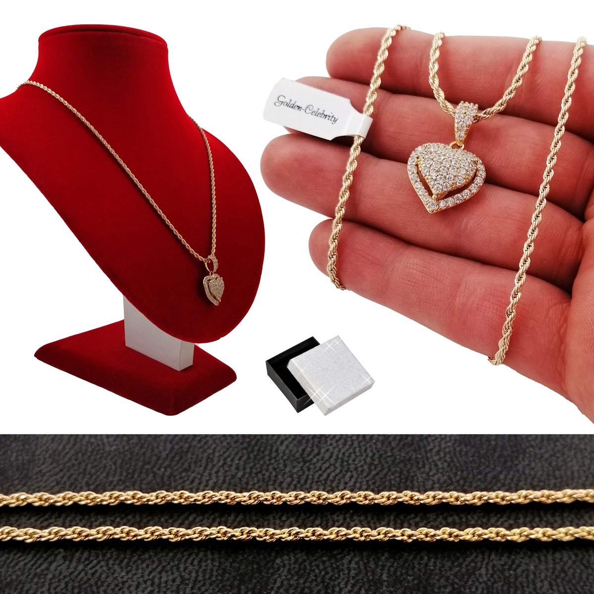 Złoty Naszyjnik + Serce Cyrkonie 50 Cm Na Prezent