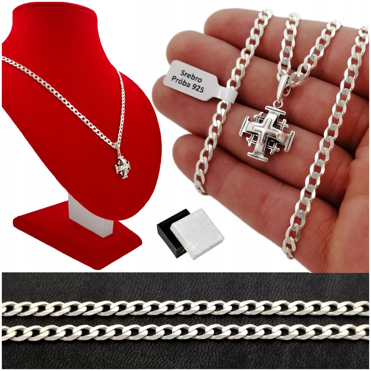 Łańcuszek Pancerka+Krzyż Jerozolimski Pr.925 55Cm Bizuteria Dla Faceta Taty